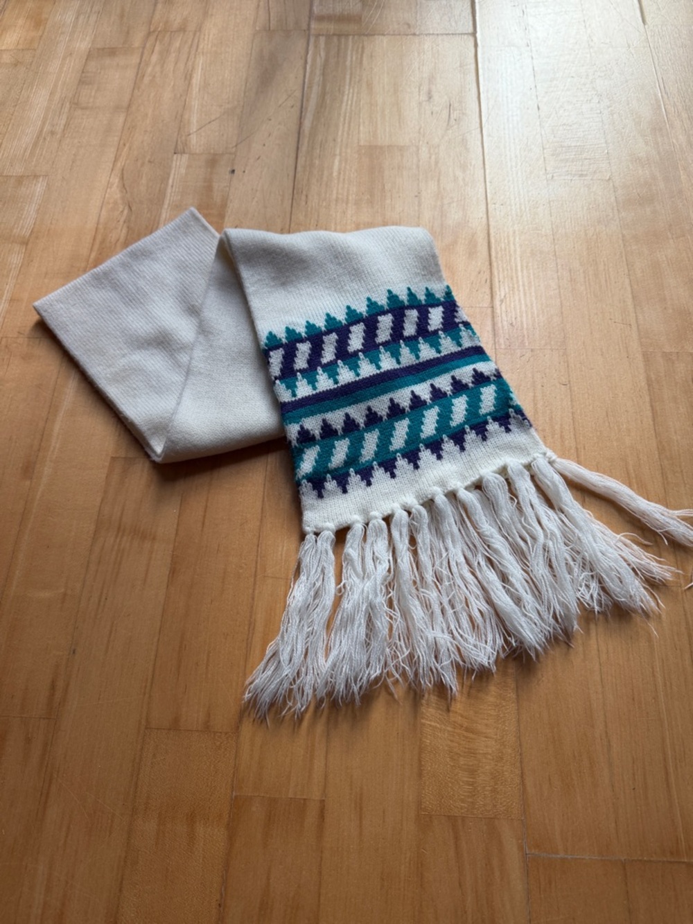 Cream Fringe Knit Scarf with Teal & Purple Pattern